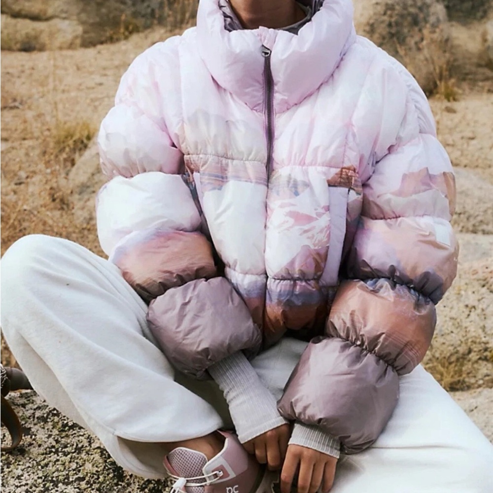 Free People Movement In A Bubble Mountain Print Shine Combo Puffer Coat